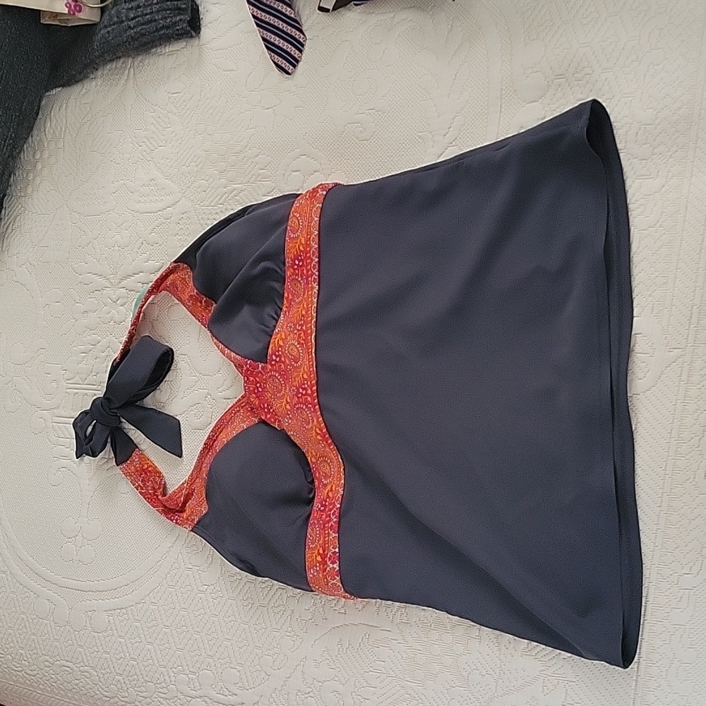 Athletic bikini halter top grey with orange and teal trim swimsuit top- 36 B/C